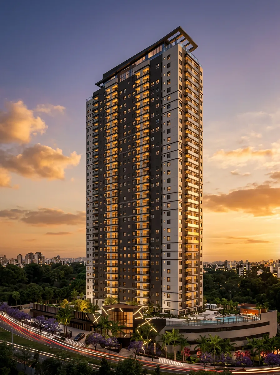 Fachada do Beyond Residence — torre com rooftop no 32º andar em Alphaville